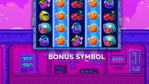 Tampilan visual retro dari slot Frooty Troupe dengan simbol buah pixel art.