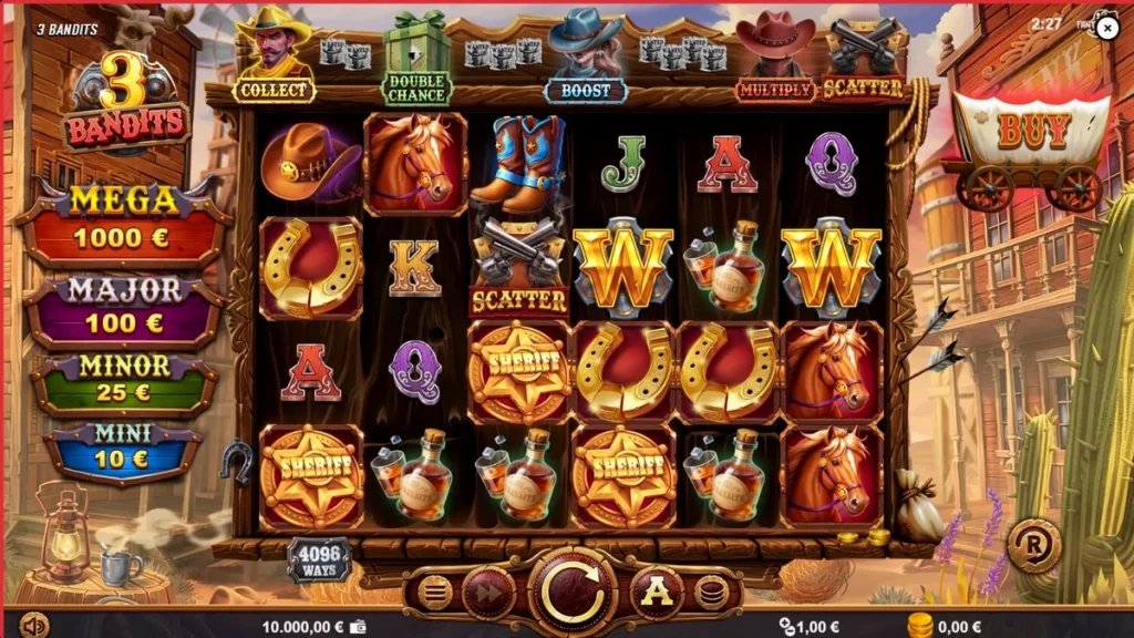 Tampilan visual slot 3 Bandits dengan tema Wild West yang penuh aksi